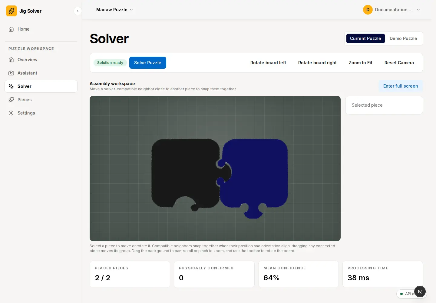 Jig Solver workspace showing analyzed puzzle pieces